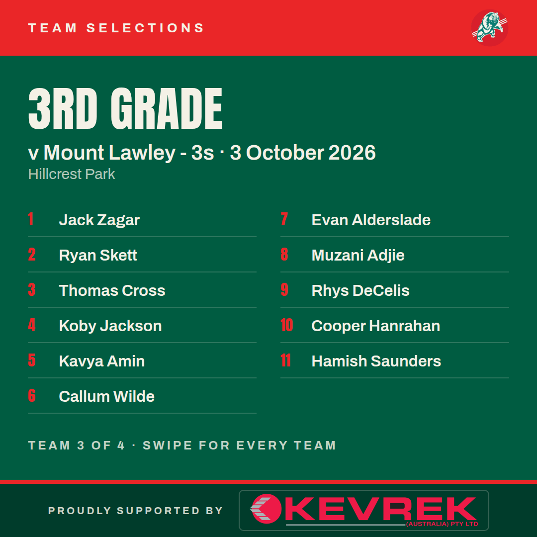 3rd Grade v Mount Lawley - 3s: Jack Zagar, Ryan Skett, Thomas Cross, Koby Jackson, Kavya Amin, Callum Wilde, Evan Alderslade, Muzani Adjie, Rhys DeCelis, Cooper Hanrahan, Hamish Saunders