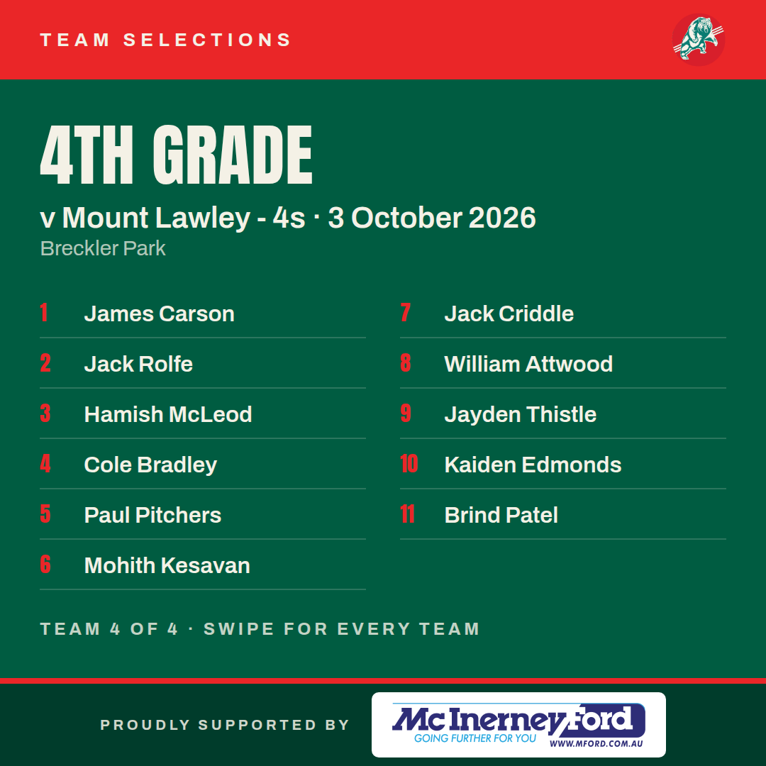4th Grade v Mount Lawley - 4s: James Carson, Jack Rolfe, Hamish McLeod, Cole Bradley, Paul Pitchers, Mohith Kesavan, Jack Criddle, William Attwood, Jayden Thistle, Kaiden Edmonds, Brind Patel