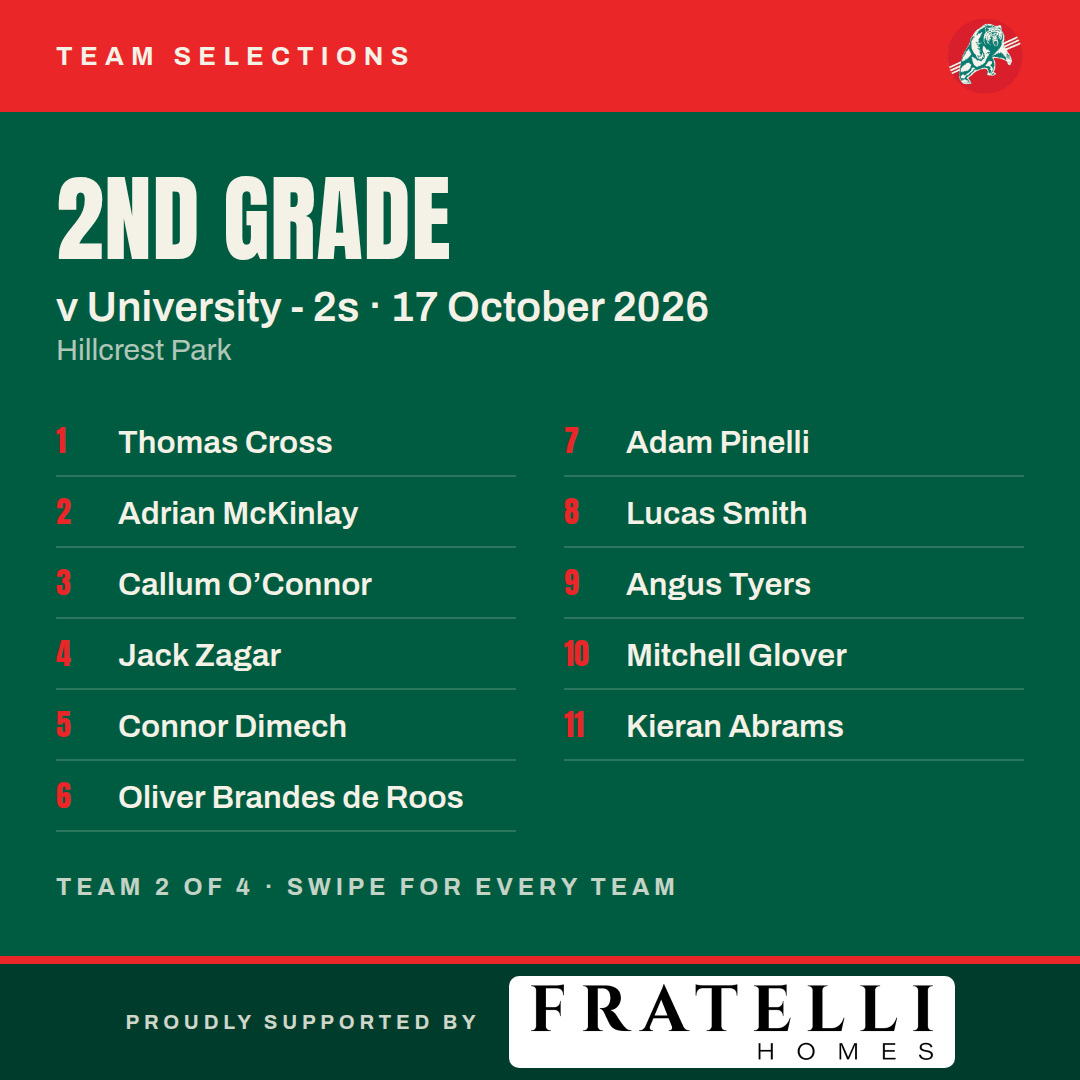 2nd Grade v University - 2s: Thomas Cross, Adrian McKinlay, Callum O’Connor, Jack Zagar, Connor Dimech, Oliver Brandes de Roos, Adam Pinelli, Lucas Smith, Angus Tyers, Mitchell Glover, Kieran Abrams