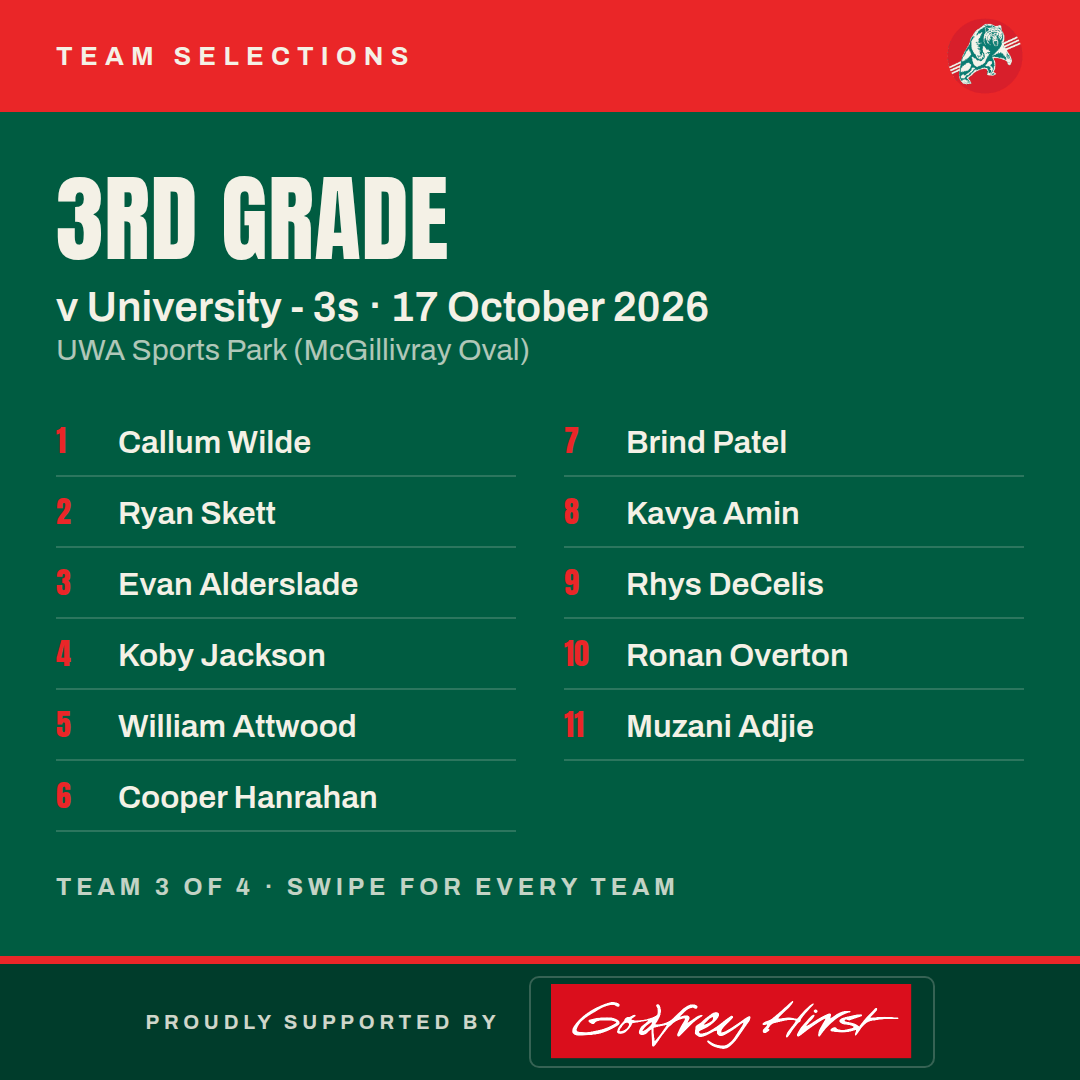 3rd Grade v University - 3s: Callum Wilde, Ryan Skett, Evan Alderslade, Koby Jackson, William Attwood, Cooper Hanrahan, Brind Patel, Kavya Amin, Rhys DeCelis, Ronan Overton, Muzani Adjie